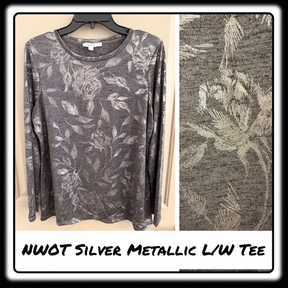 NWT Chico’s Metallic Layering Tee. Charcoal/Silver. Chicos size 2 (12-14). - Picture 1 of 5